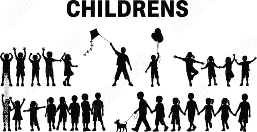 Children silhouette collection set, happy kids playing running holding hands vector illustration isolated on white background