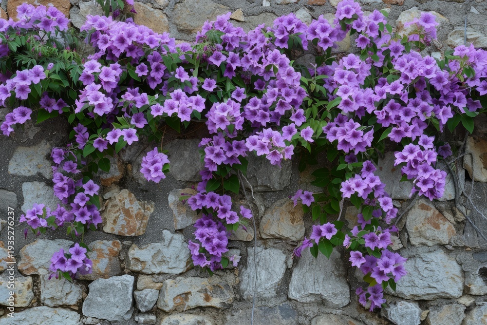 Obraz premium Vibrant purple flowers climb and spill over a rustic stone wall, creating a picturesque scene in a mediterranean garden