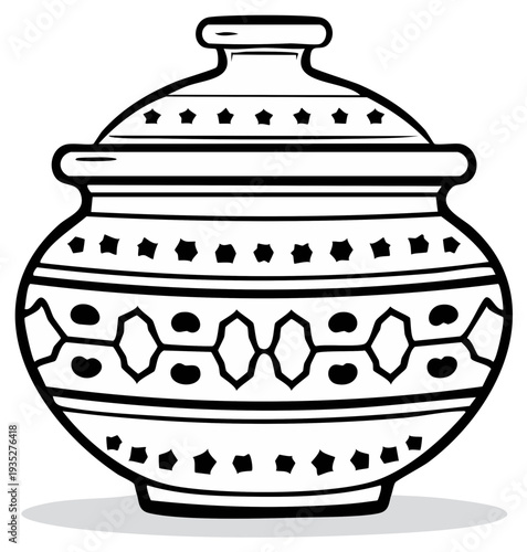 Stylized Clay Pot with Lid, Simple Geometric Decorative Ornamentation, Hand-Drawn Vessel Design, Black and White