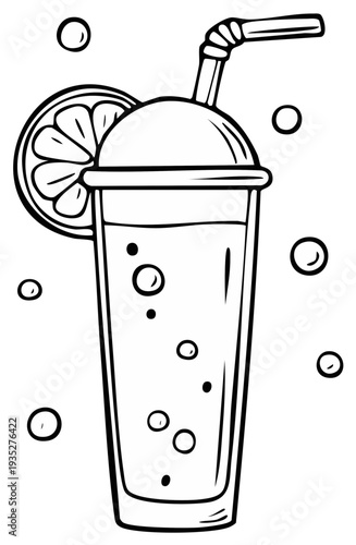 Refreshing Citrus Beverage in a Tall Glass with Straw and Lemon Slice, Bubbles