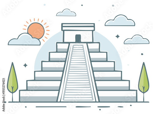 Illustration of an ancient Mayan pyramid under the sun with simple clouds and trees in a cartoon style