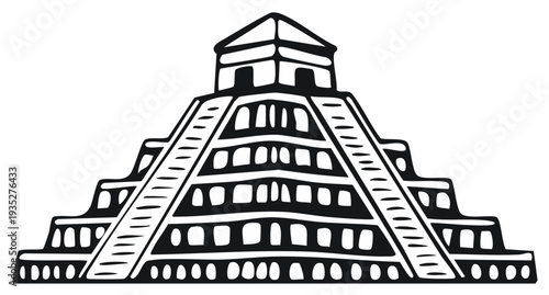 Ancient stepped pyramid graphic illustration, Mayan Temple isolated, tribal design, historical landmark drawing, architectural heritage, pyramid vector illustration