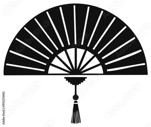 Elegant Black Oriental Folding Fan with Tassel Decorative Element and Radial Pattern