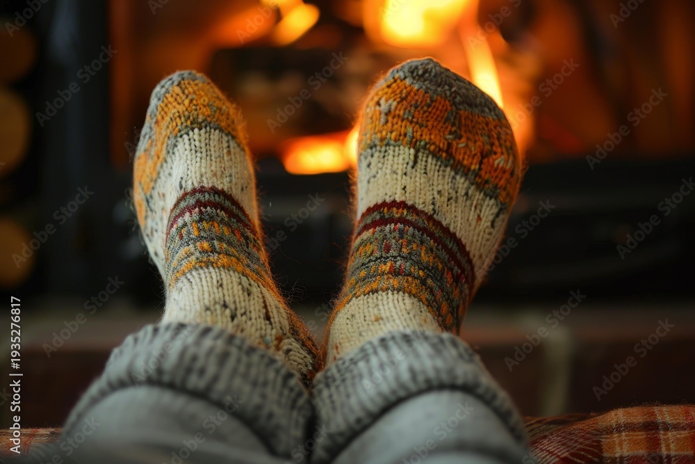 Fototapeta premium Knitted socks warming up by a cozy fireplace, enjoying the warmth and comfort of home