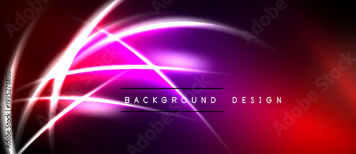 Abstract neon lines create dynamic visual effect. Vibrant purple, red hues dominate dark background. Modern design element.
