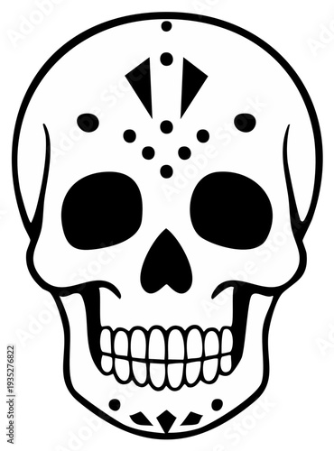 Day of the Dead skull outline illustration, traditional Mexican sugar skull with decorative patterns, Dia de los Muertos symbolic drawing