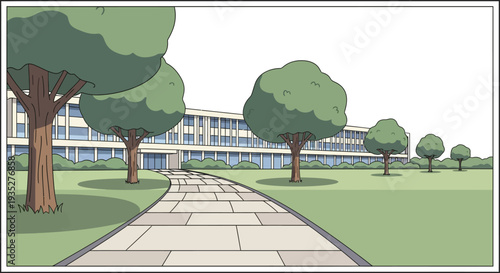 Modern school building with pathway and trees in cartoon style
