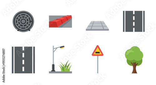 Urban street elements set: road, sign, tree, lamp, pavement, and manhole covers