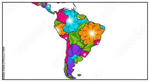 Colorful flower pattern map of south america with decorative vibrant design
