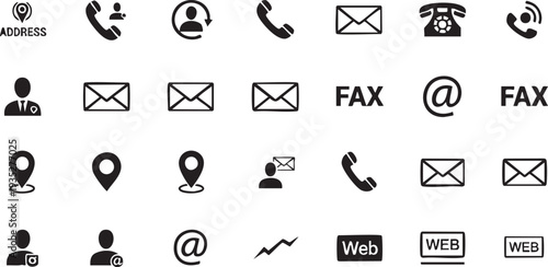 Collection of black contact and communication on white background email