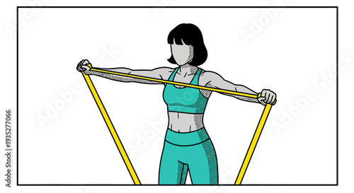 Pop art fitness woman exercising with resistance band
