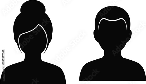 Set of black male and female avatar profile silhouettes, user icon placeholders for social media, website interface design, and anonymous person symbols. (21 words)