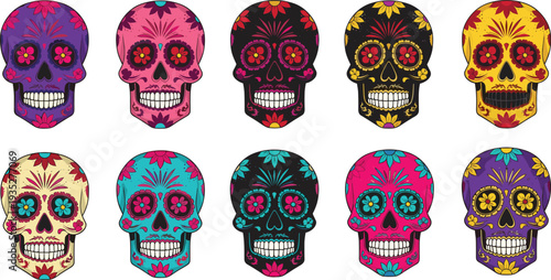 Wallpaper Mural Colorful sugar skull collection, Mexican Day of the Dead floral skull vector illustration set isolated on white Torontodigital.ca