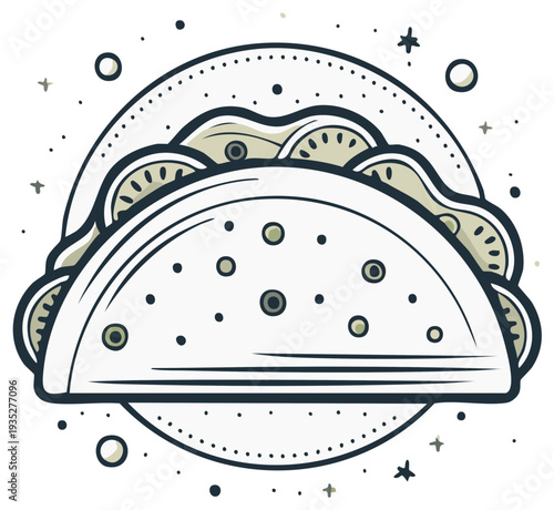 Stylized graphic of a taco with simple filling elements and celestial dots