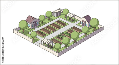 Community garden layout with trees and raised beds in isometric view