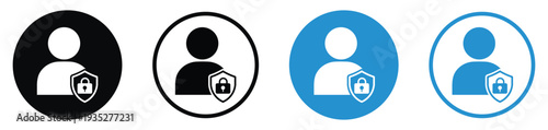 User profile icon featuring a locked padlock on a shield. Illustrates secure authentication, data protection, privacy, and encrypted personal information.