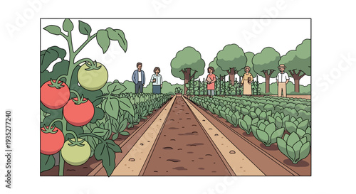 Farming team in organic vegetable garden illustration with lush greenery