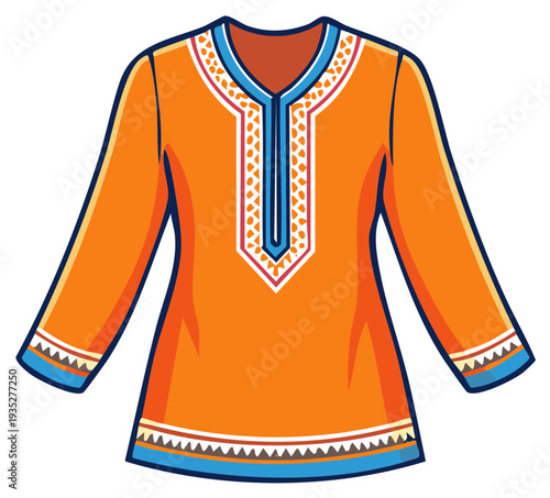 Orange traditional ethnic tunic with geometric embroidery vector illustration