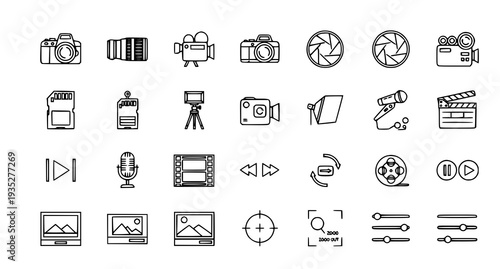 A collection of black and white line art icons representing various photography and filmmaking tools and symbols.
