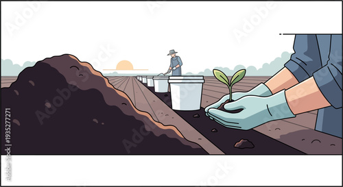 Sustainable farming: hands planting seedlings at sunrise in garden