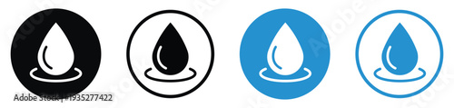 Liquid drop icon with a ripple effect. Represents water conservation, environmental purity, hydration, or chemical solutions. Minimalist black and blue circular icons.