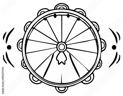 Outlined tambourine with sound waves, musical instrument illustration.