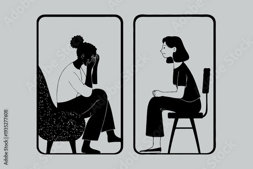 Two people in a counseling session shown in minimalist graphic style on gray background, illustrating support and emotional wellbeing concept