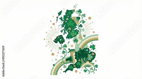 Celebrating St Patrick's Day with Maps of Ireland and UK, featuring Shamrocks and Rainbow Elements in a Festive Illustration