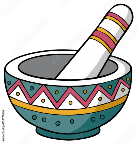 Illustration of a decorated mortar and pestle, traditional tool for grinding
