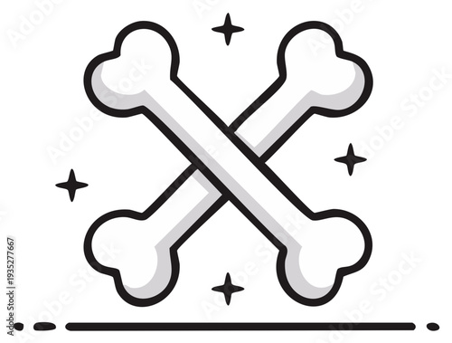 Crossed bones with sparkles vector icon. A simple black and white line art illustration for pirate, danger, or dog themes.