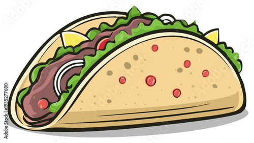 Delicious cartoon taco with vibrant fillings. Mexican cuisine illustration for food advertising