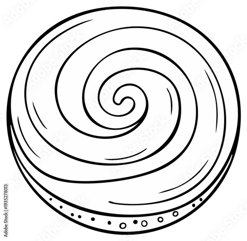 Circular swirl drawing with decorative dots around edge, simple graphic element