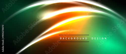 Abstract fluid shapes, vibrant gradients. Orange, green hues dominate dark background. Modern design element, smooth curves present.