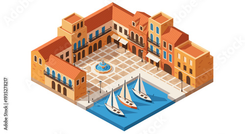 Isometric vector illustration depicts a quaint village with boats, a central fountain, and Mediterranean-style architecture, conveying a sense of peacefulness and travel.