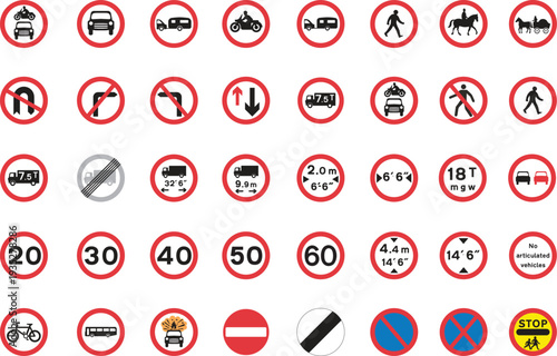 A vector collection of circular road traffic signs Free Vector