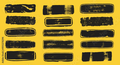 A collection of grunge textured buttons arranged in a grid pattern on a vibrant yellow surface from a direct overhead viewpoint.