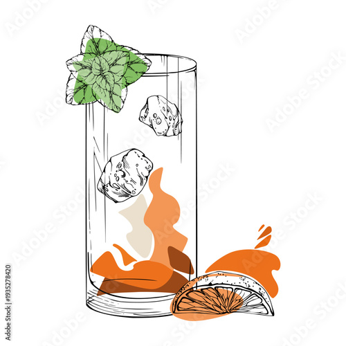 Classic Long Island cocktail with mint leaves on rim, orange juice splash, ice cubes hand drawn in ink. Golden vector palette with citrus accent. Ideal for branding kits, menus, promotional prints.