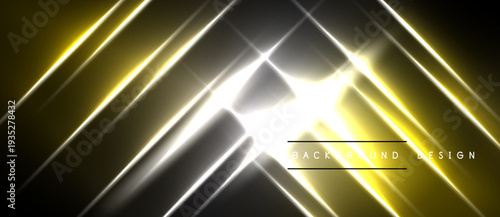 Abstract golden lines create dynamic diagonal pattern. Bright light radiates from center, contrasting dark background. Modern design element.