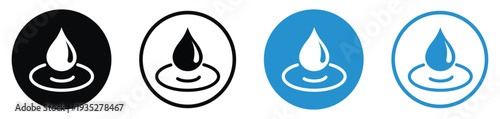 Liquid drop icon with a ripple effect. Represents water conservation, environmental purity, hydration, or chemical solutions. Minimalist black and blue circular icons.