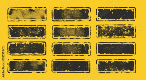 A collection of grungy rectangular frames arranged in a grid pattern on a vibrant yellow surface viewed from directly above isok style