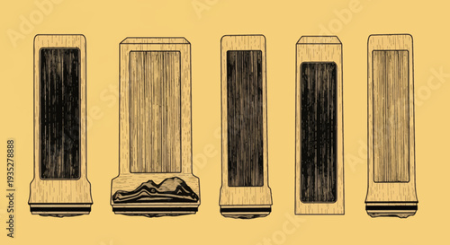 Detailed illustration of five rectangular pillars with unique textures and shading viewed from a straight-on perspective against a solid-colored background