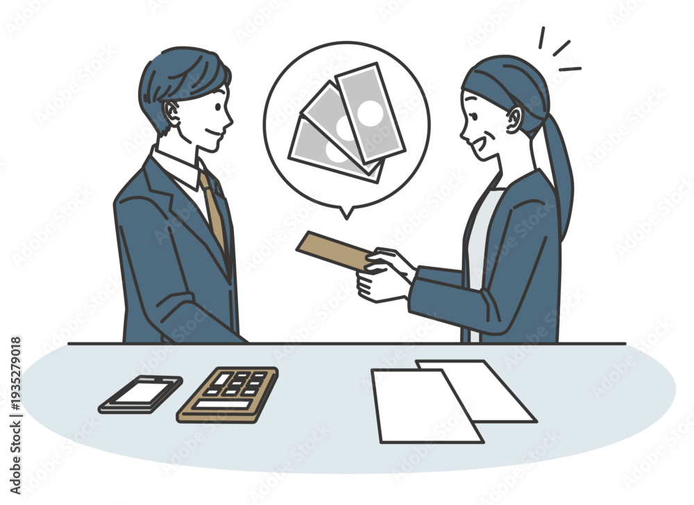 Obraz premium 買取成立後に現金を受け取る女性のイラスト