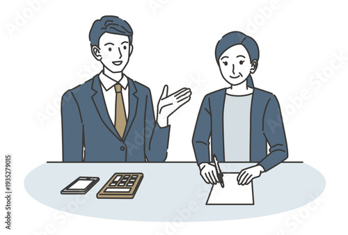 説明を受け契約書にサインする女性のイラスト