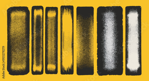 A row of rectangular shapes in varying shades and gradient effects is displayed horizontally on a vibrant surface from a direct viewpoint.