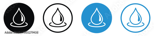 Liquid drop icon with a ripple effect. Represents water conservation, environmental purity, hydration, or chemical solutions. Minimalist black and blue circular icons.