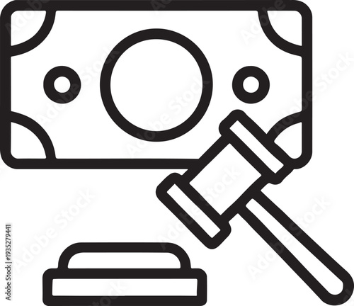 Legal Auction Icon with Money Bill and Judge Gavel for Financial Law