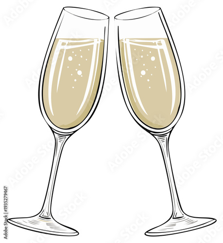 Hand drawn illustration of two champagne flutes clinking together for a festive celebration toast