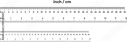 Realistic black centimeter and Inch scale vector measurement ruler with accurate divisions Illustration.