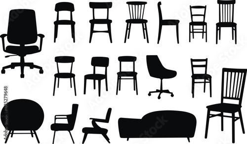 Collection of chair and sofa silhouettes including office chair, dining chair and armchair, black vector furniture set isolated on white background