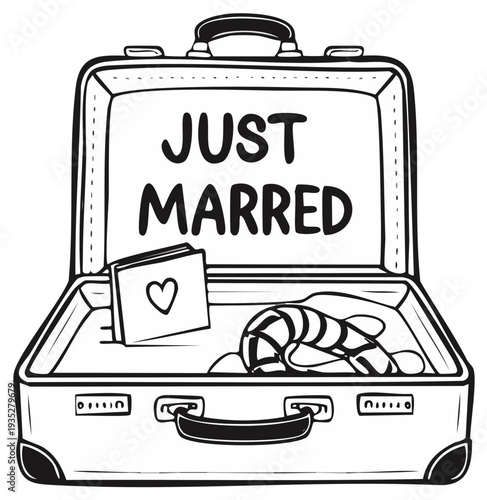 Open suitcase packed for honeymoon with just married sign and clothing inside illustration